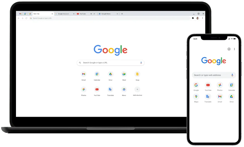 Laptop and mobile device, displaying the Google.com home page.