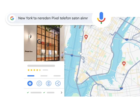 'New York'ta nereden Pixel telefon satın alınır' sesli aramasının sonucunda New York'taki bir Google Store gösteriliyor.